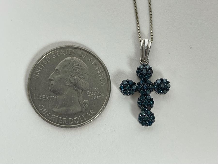 Sterling Silver Blue Diamond Cross Pendant With Sterling Silver 24' Chain Necklace 3g [Photo 10]