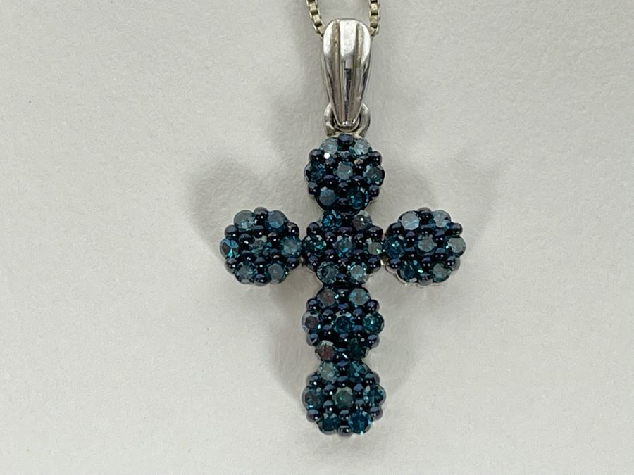 Sterling Silver Blue Diamond Cross Pendant With Sterling Silver 24' Chain Necklace 3g [Photo 3]