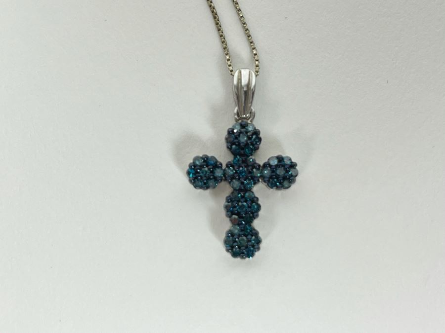 Sterling Silver Blue Diamond Cross Pendant With Sterling Silver 24' Chain Necklace 3g [Photo 5]