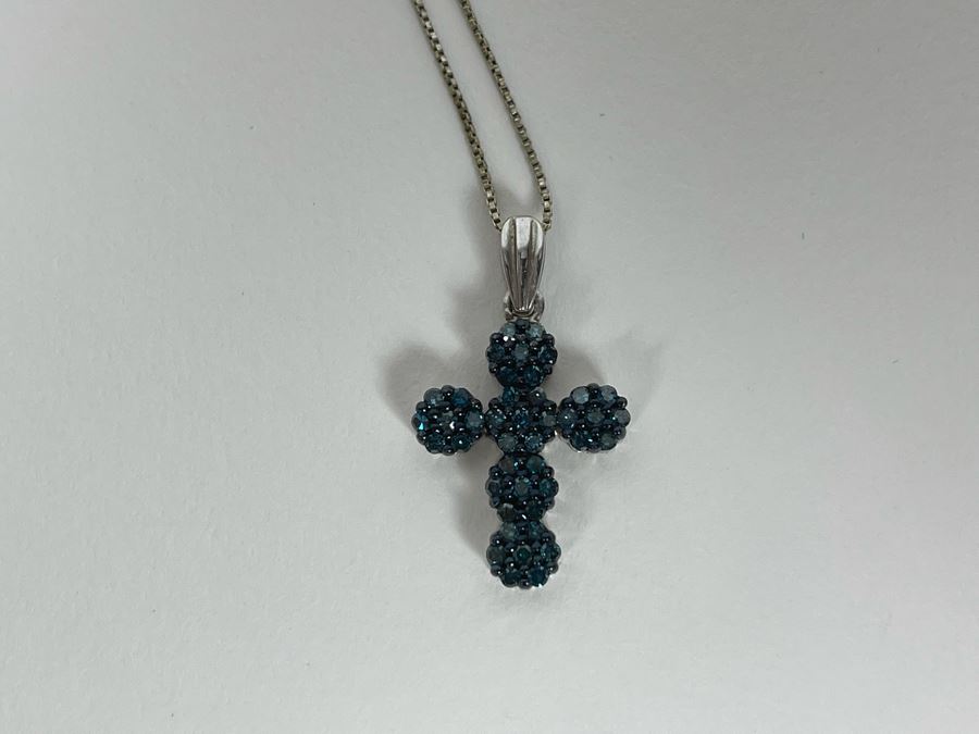 Sterling Silver Blue Diamond Cross Pendant With Sterling Silver 24' Chain Necklace 3g [Photo 4]