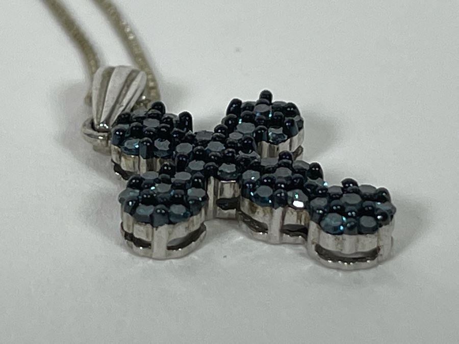 Sterling Silver Blue Diamond Cross Pendant With Sterling Silver 24' Chain Necklace 3g [Photo 7]