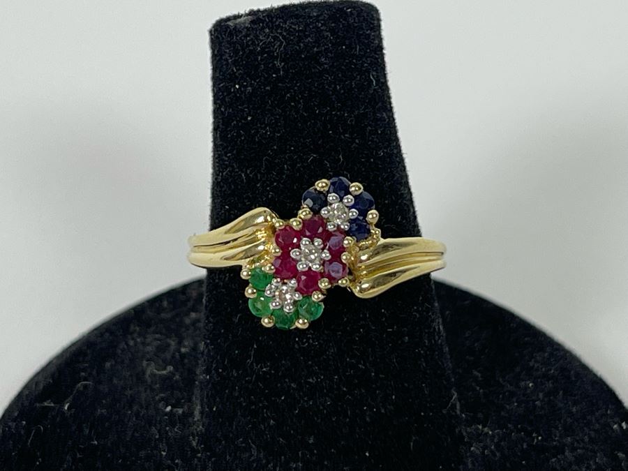 14K Gold Ruby Emerald Sapphire Diamond Ring Size 6.5 2.8g Estimate $400-$600 [Photo 2]