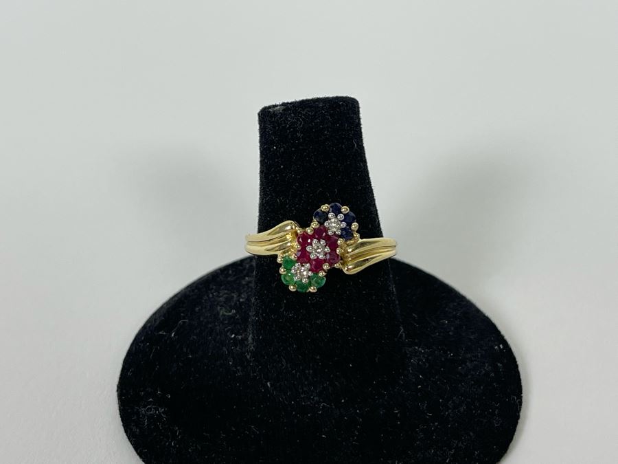 14K Gold Ruby Emerald Sapphire Diamond Ring Size 6.5 2.8g Estimate $400-$600 [Photo 4]