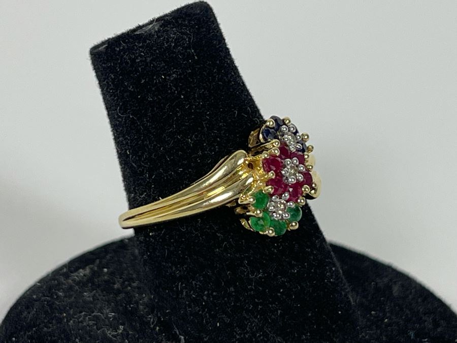 14K Gold Ruby Emerald Sapphire Diamond Ring Size 6.5 2.8g Estimate $400-$600 [Photo 3]