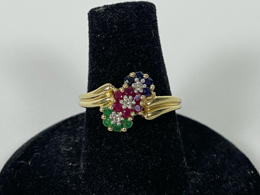 14K Gold Ruby Emerald Sapphire Diamond Ring Size 6.5 2.8g Estimate $400-$600