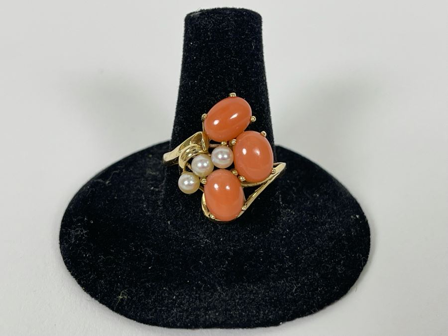 14K Gold Coral And Seed Pearl Ring Size 9 3.7g Estimate $400-$600 [Photo 2]