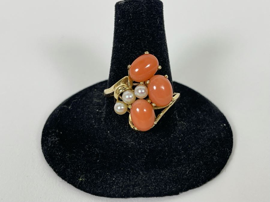14K Gold Coral And Seed Pearl Ring Size 9 3.7g Estimate $400-$600 [Photo 3]