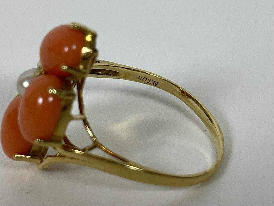 14K Gold Coral And Seed Pearl Ring Size 9 3.7g Estimate $400-$600 [Photo 9]