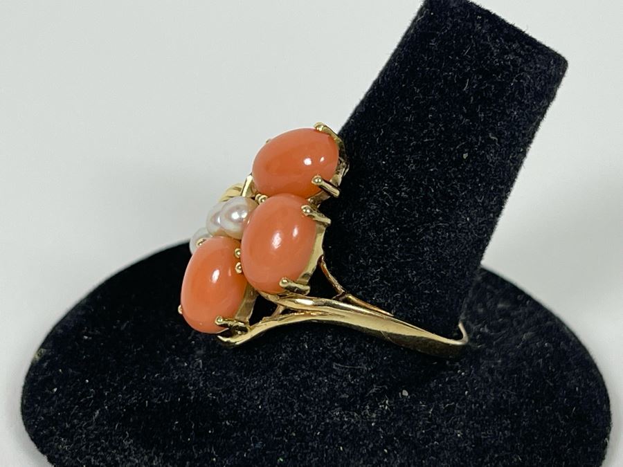 14K Gold Coral And Seed Pearl Ring Size 9 3.7g Estimate $400-$600 [Photo 5]