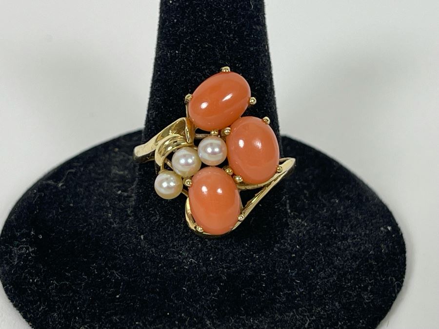 14K Gold Coral And Seed Pearl Ring Size 9 3.7g Estimate $400-$600