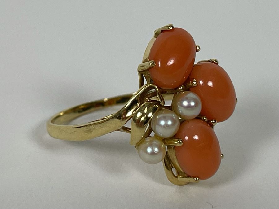 14K Gold Coral And Seed Pearl Ring Size 9 3.7g Estimate $400-$600 [Photo 7]
