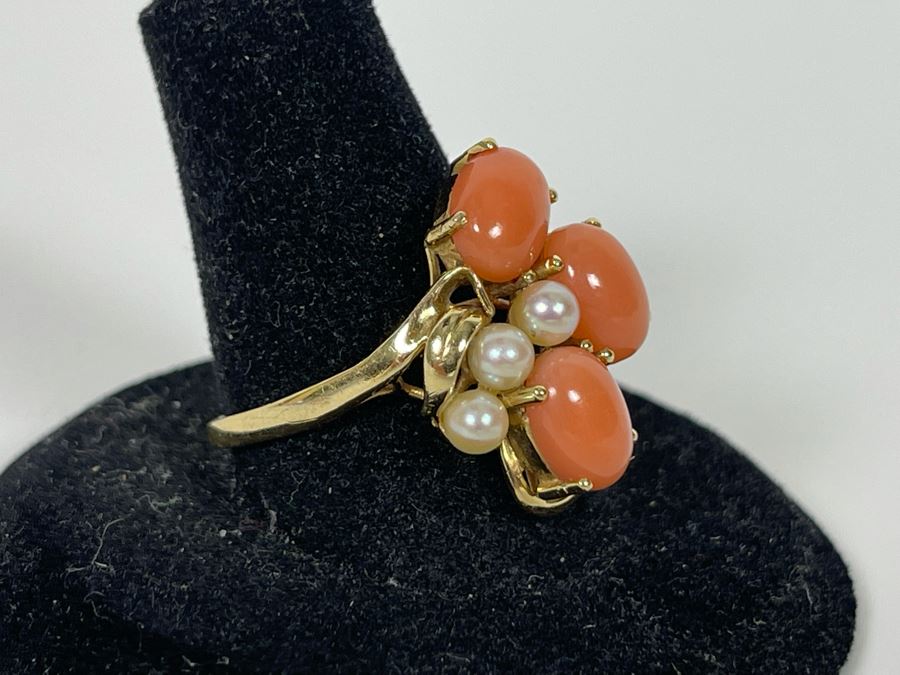 14K Gold Coral And Seed Pearl Ring Size 9 3.7g Estimate $400-$600 [Photo 4]