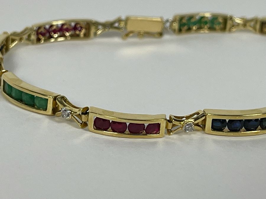 14K Gold Ruby Emerald Sapphire Diamond Bracelet (One Stone Missing) 7'L 7.2g Estimate $850-$1,275 [Photo 5]