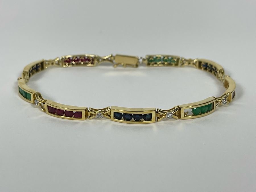 14K Gold Ruby Emerald Sapphire Diamond Bracelet (One Stone Missing) 7'L 7.2g Estimate $850-$1,275 [Photo 9]