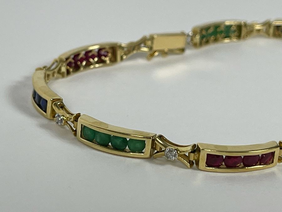 14K Gold Ruby Emerald Sapphire Diamond Bracelet (One Stone Missing) 7'L 7.2g Estimate $850-$1,275 [Photo 6]