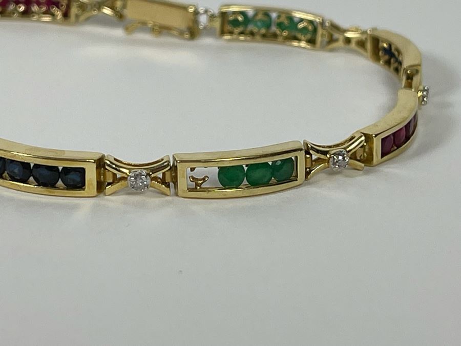 14K Gold Ruby Emerald Sapphire Diamond Bracelet (One Stone Missing) 7'L 7.2g Estimate $850-$1,275 [Photo 4]