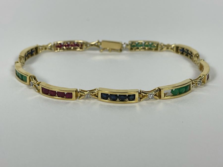 14K Gold Ruby Emerald Sapphire Diamond Bracelet (One Stone Missing) 7'L 7.2g Estimate $850-$1,275 [Photo 8]