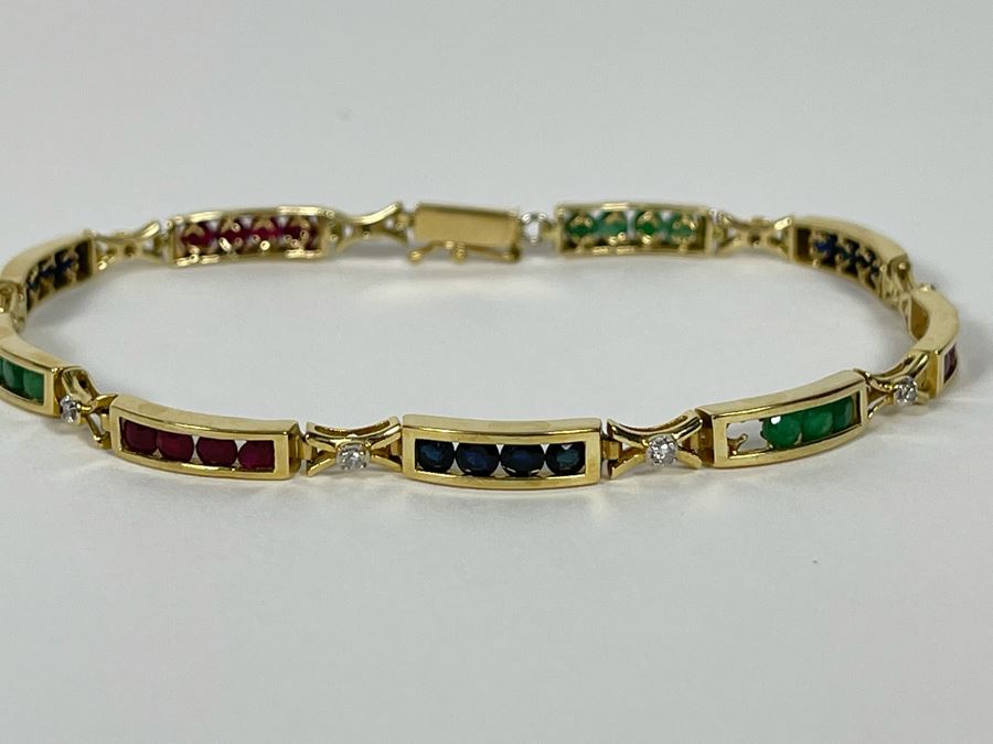 14K Gold Ruby Emerald Sapphire Diamond Bracelet (One Stone Missing) 7'L 7.2g Estimate $850-$1,275 [Photo 3]