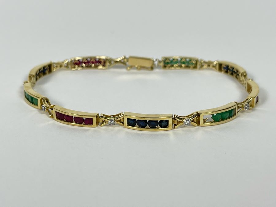 14K Gold Ruby Emerald Sapphire Diamond Bracelet (One Stone Missing) 7'L 7.2g Estimate $850-$1,275