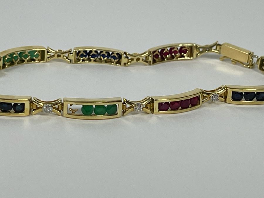 14K Gold Ruby Emerald Sapphire Diamond Bracelet (One Stone Missing) 7'L 7.2g Estimate $850-$1,275 [Photo 7]