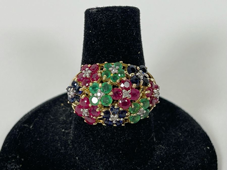 14K Gold Ruby Emerald Sapphire Diamond Ring Size 7.5 5.3g Estimate $750-$1,125