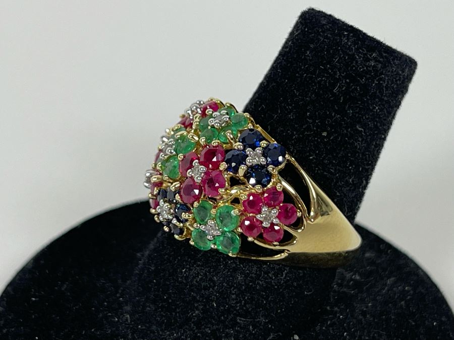 14K Gold Ruby Emerald Sapphire Diamond Ring Size 7.5 5.3g Estimate $750-$1,125 [Photo 6]