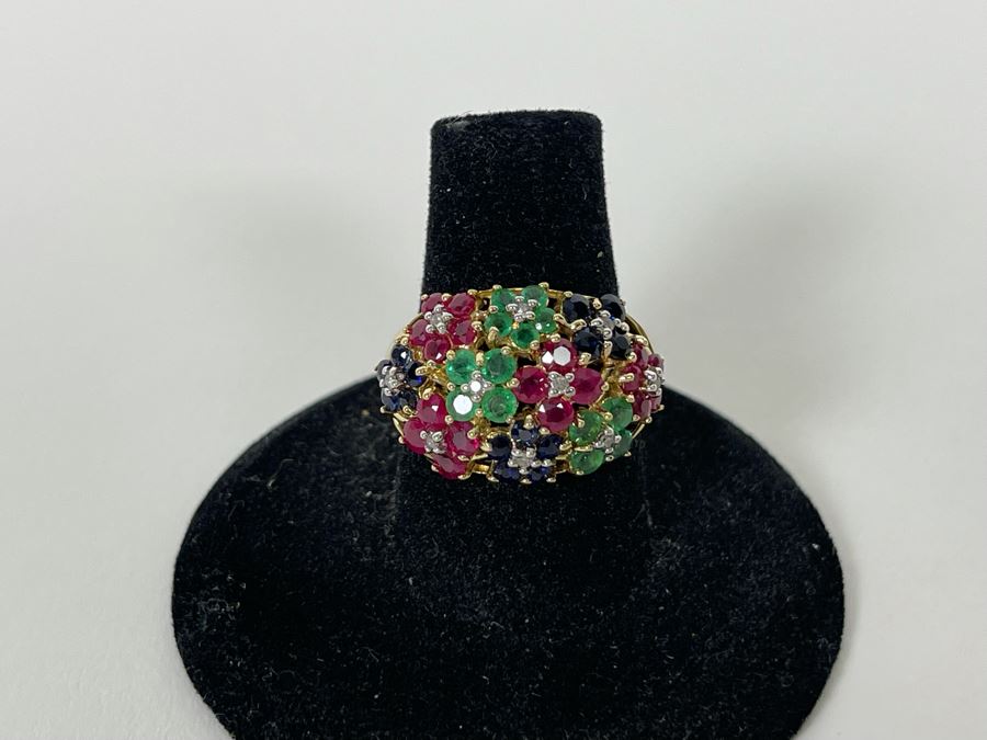 14K Gold Ruby Emerald Sapphire Diamond Ring Size 7.5 5.3g Estimate $750-$1,125 [Photo 5]