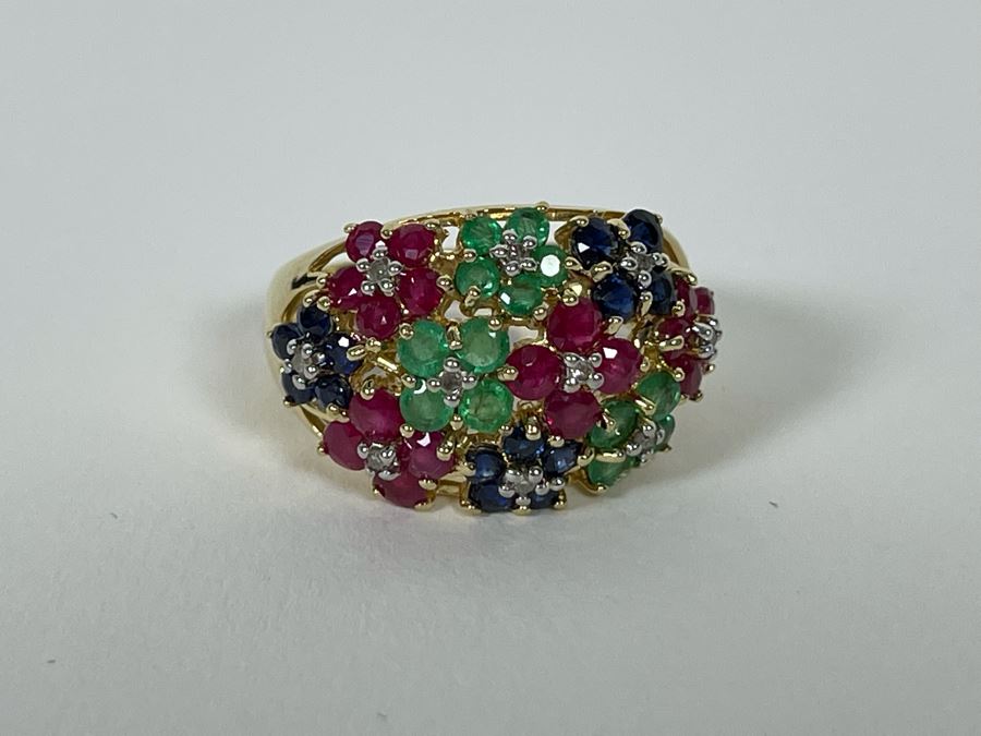 14K Gold Ruby Emerald Sapphire Diamond Ring Size 7.5 5.3g Estimate $750-$1,125 [Photo 8]