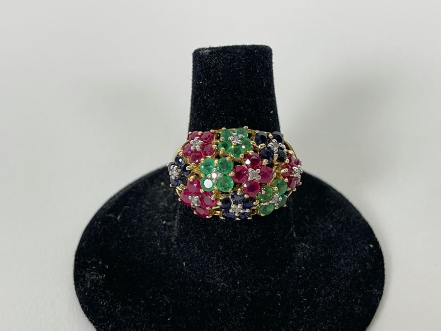 14K Gold Ruby Emerald Sapphire Diamond Ring Size 7.5 5.3g Estimate $750-$1,125 [Photo 4]