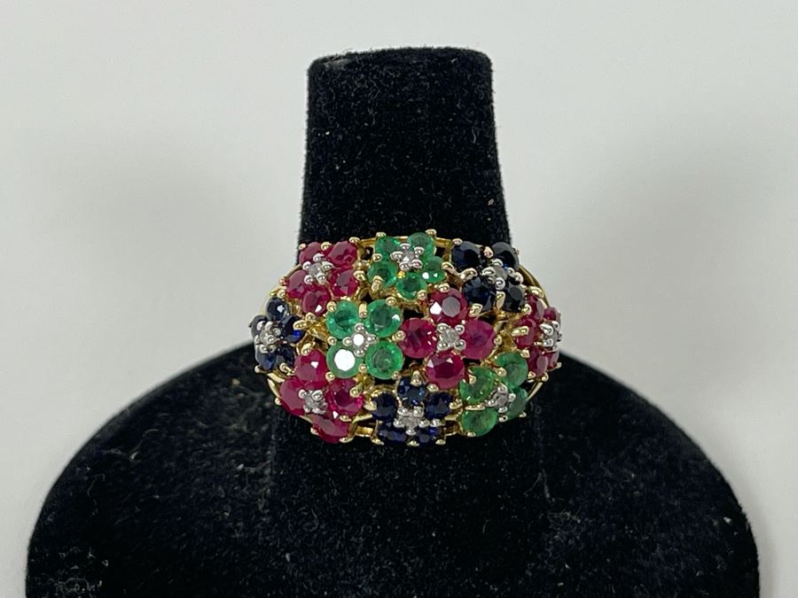 14K Gold Ruby Emerald Sapphire Diamond Ring Size 7.5 5.3g Estimate $750-$1,125 [Photo 2]