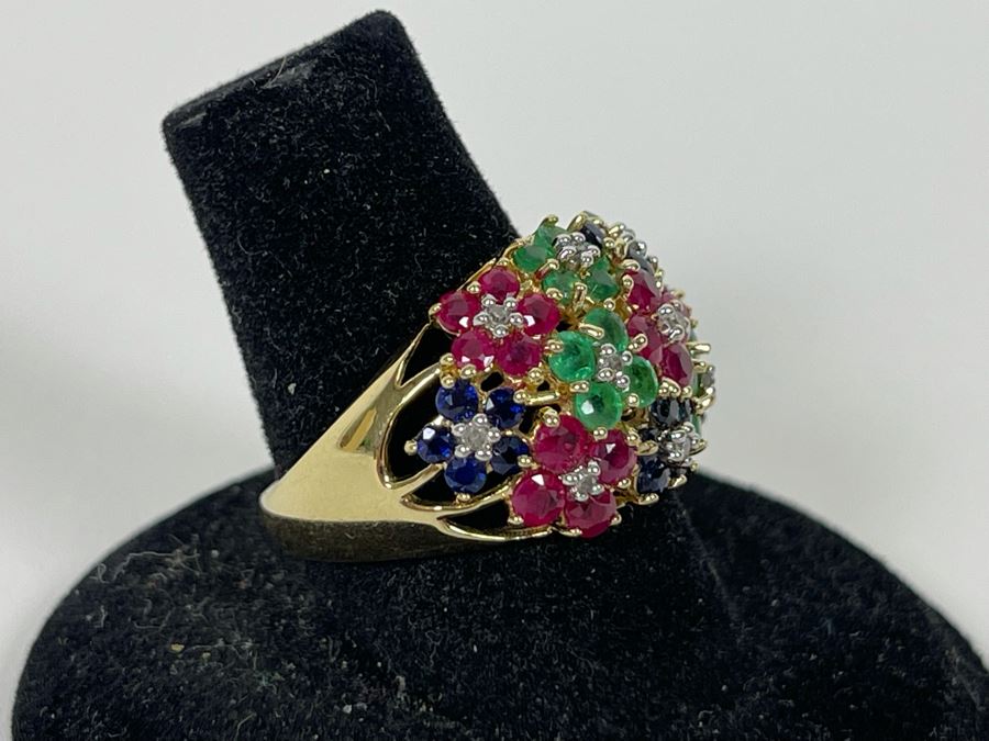 14K Gold Ruby Emerald Sapphire Diamond Ring Size 7.5 5.3g Estimate $750-$1,125 [Photo 3]