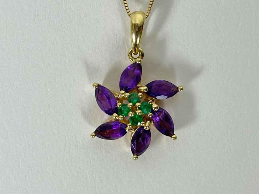 14K Gold Amethyst Emerald Pendant With 14K Gold 18' Chain Necklace 2.8g [Photo 7]