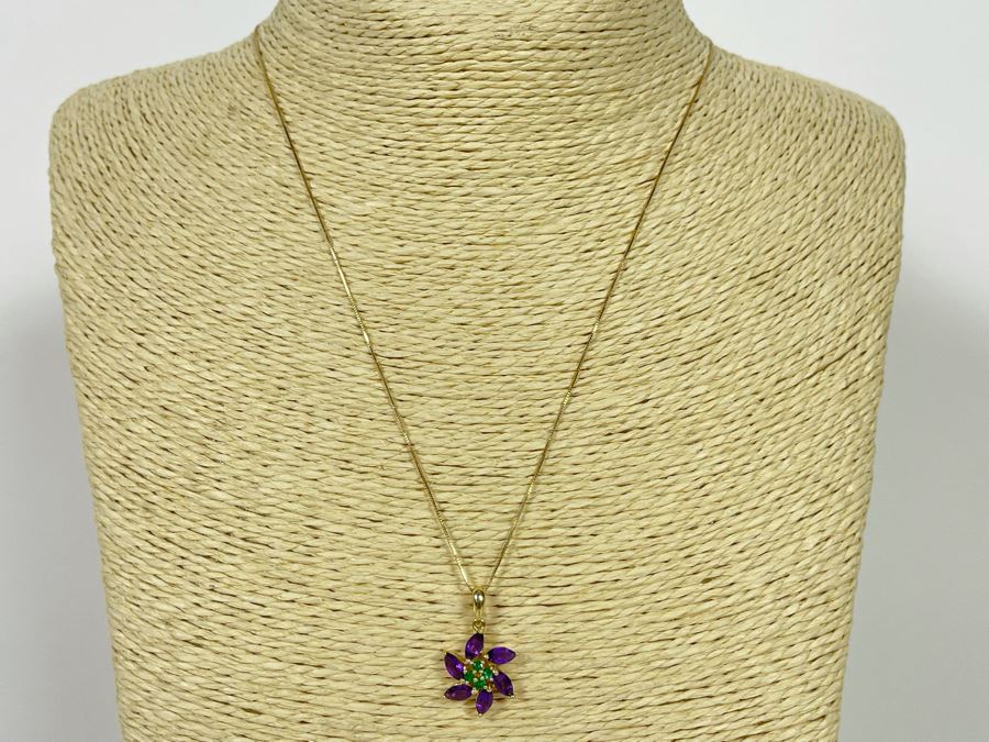 14K Gold Amethyst Emerald Pendant With 14K Gold 18' Chain Necklace 2.8g [Photo 2]