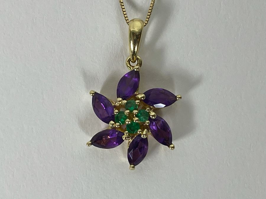 14K Gold Amethyst Emerald Pendant With 14K Gold 18' Chain Necklace 2.8g [Photo 5]