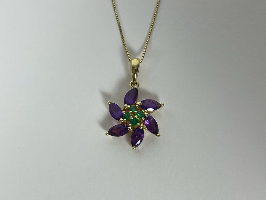 14K Gold Amethyst Emerald Pendant With 14K Gold 18' Chain Necklace 2.8g [Photo 4]
