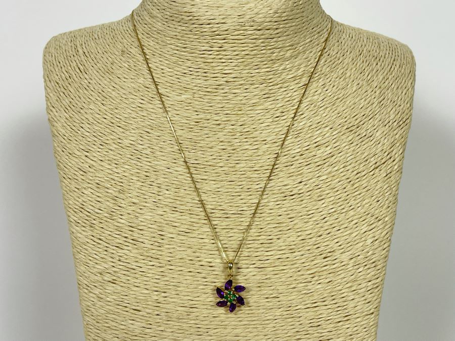 14K Gold Amethyst Emerald Pendant With 14K Gold 18' Chain Necklace 2.8g [Photo 3]