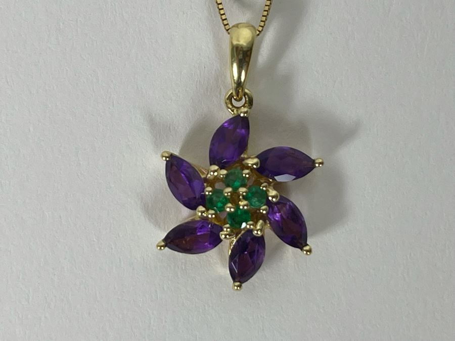 14K Gold Amethyst Emerald Pendant With 14K Gold 18' Chain Necklace 2.8g [Photo 6]
