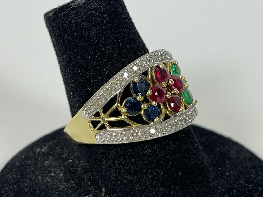 14K Gold Ruby Emerald Sapphire Diamond Ring Size 7.25 3.8g Estimate $550-$825 [Photo 5]