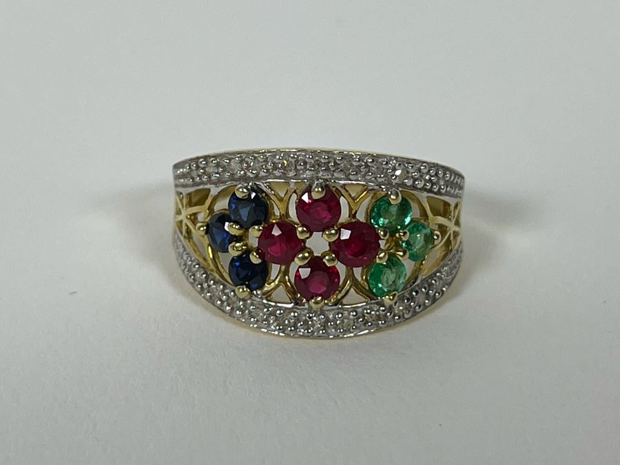 14K Gold Ruby Emerald Sapphire Diamond Ring Size 7.25 3.8g Estimate $550-$825 [Photo 8]
