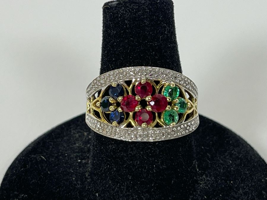 14K Gold Ruby Emerald Sapphire Diamond Ring Size 7.25 3.8g Estimate $550-$825 [Photo 4]