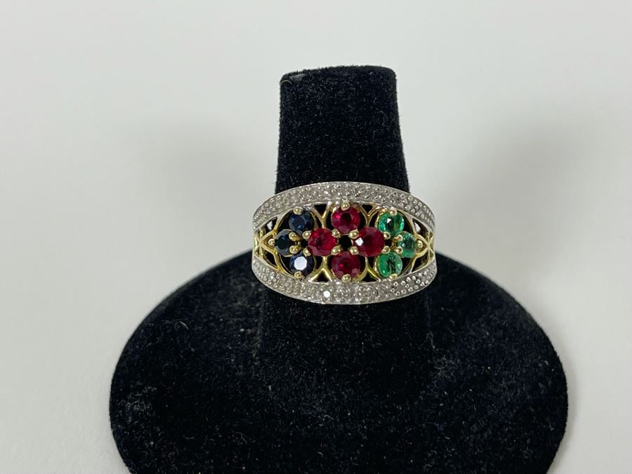 14K Gold Ruby Emerald Sapphire Diamond Ring Size 7.25 3.8g Estimate $550-$825 [Photo 3]