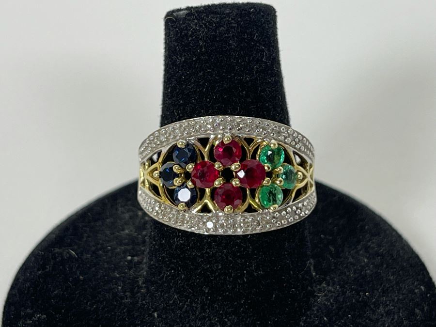 14K Gold Ruby Emerald Sapphire Diamond Ring Size 7.25 3.8g Estimate $550-$825 [Photo 2]