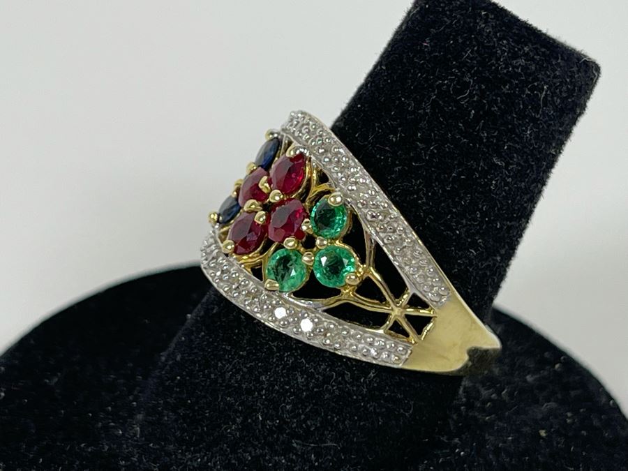 14K Gold Ruby Emerald Sapphire Diamond Ring Size 7.25 3.8g Estimate $550-$825 [Photo 6]