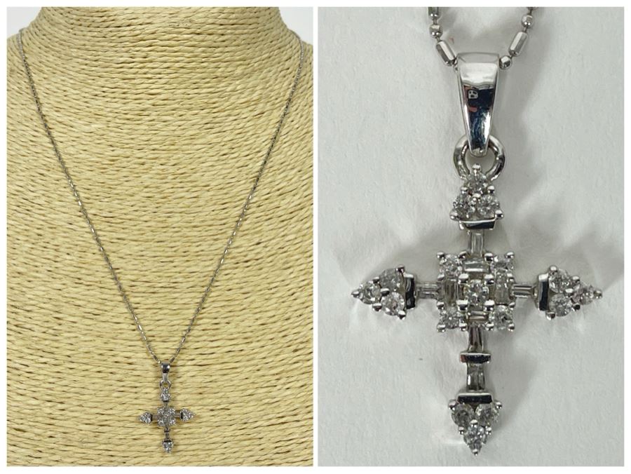 14K Gold Diamond Cross Pendant With 14K Gold 18' Chain Necklace 3.9g [Photo 1]