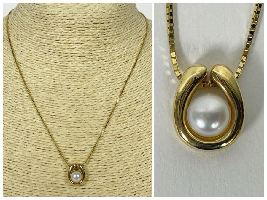 14K Gold Pearl Pendant With 14K Gold 16' Chain Necklace 5.2g [Photo 1]