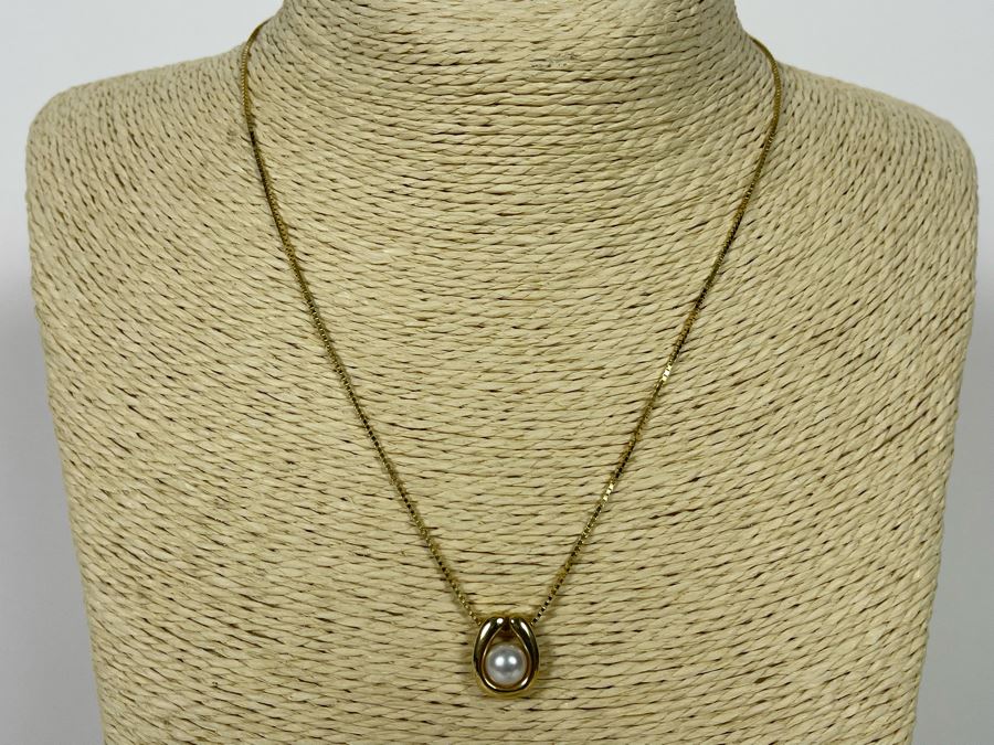 14K Gold Pearl Pendant With 14K Gold 16' Chain Necklace 5.2g [Photo 3]