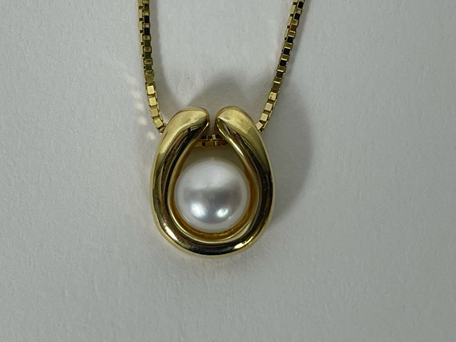 14K Gold Pearl Pendant With 14K Gold 16' Chain Necklace 5.2g [Photo 5]