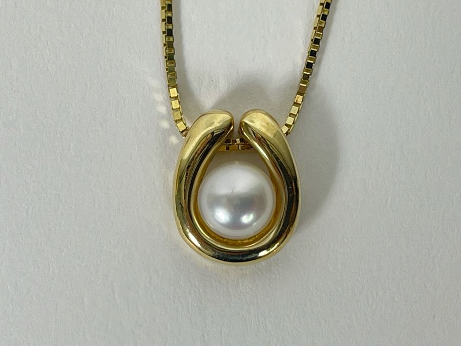 14K Gold Pearl Pendant With 14K Gold 16' Chain Necklace 5.2g [Photo 6]