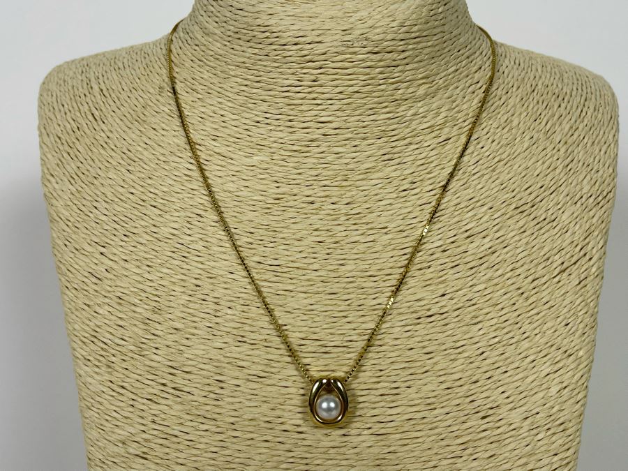 14K Gold Pearl Pendant With 14K Gold 16' Chain Necklace 5.2g [Photo 4]