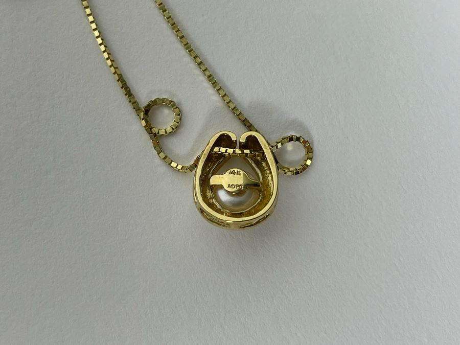 14K Gold Pearl Pendant With 14K Gold 16' Chain Necklace 5.2g [Photo 10]